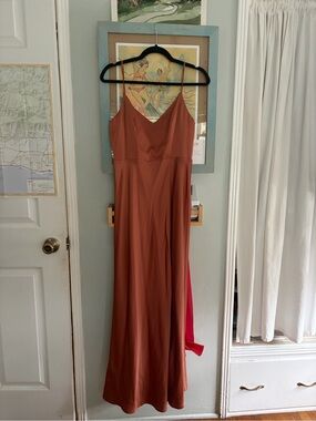 Birdy Grey Rust-Orange Satin Spaghetti Strap Maxi Dress